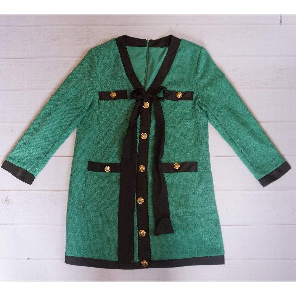 Elegant Green Tweed Blazer Dress w/ Black Trim & Gold Buttons - Size S - Picture 2 of 7